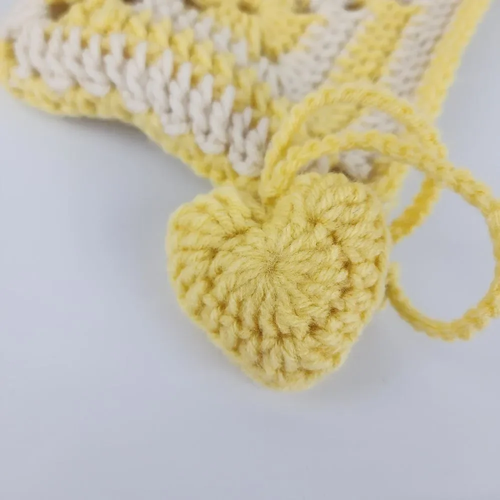 Handmade Crochet Granny Square Clutch Yellow Cream Boho Heart Charm Makeup Pouch - Picture 7 of 15